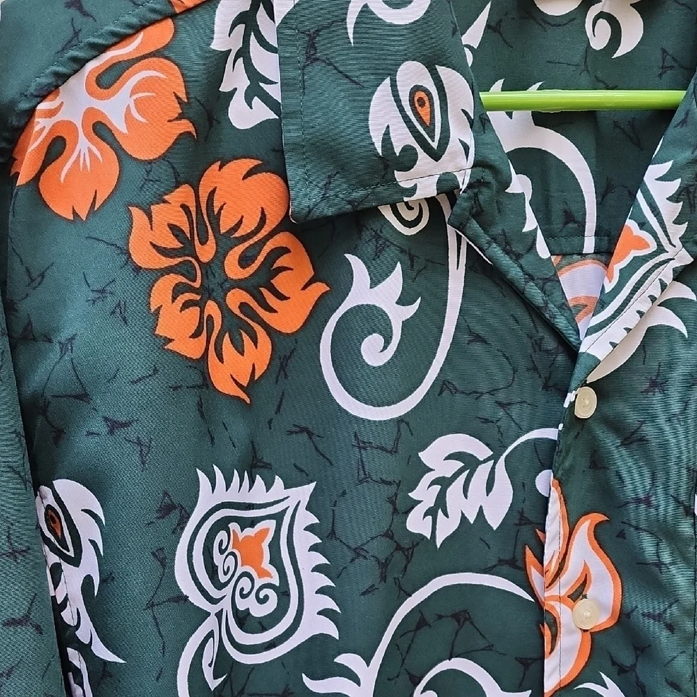 OP Large Green Orange Casual Button Down Shirt Floral Design Hawaiian Y2K